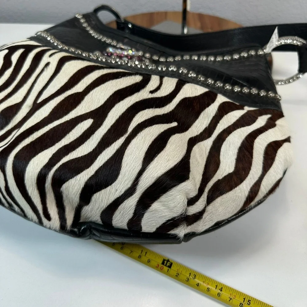 Raviani Leather Zebra Fur Hobo Bag‎ Rhinestone Gems Purse Shoulder Bag Western